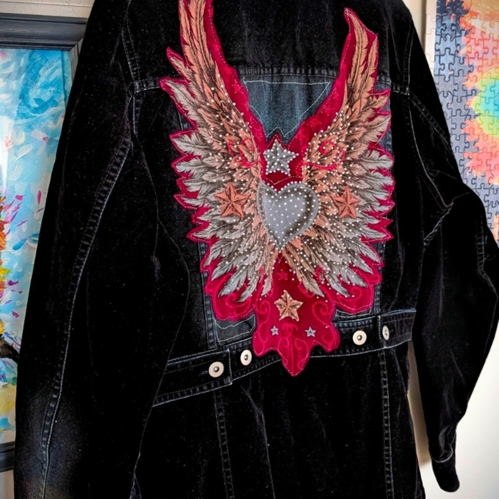 Liz Claiborne Black Jean Jacket with Red and Silver Embellishments, Large - Picture 2 of 7